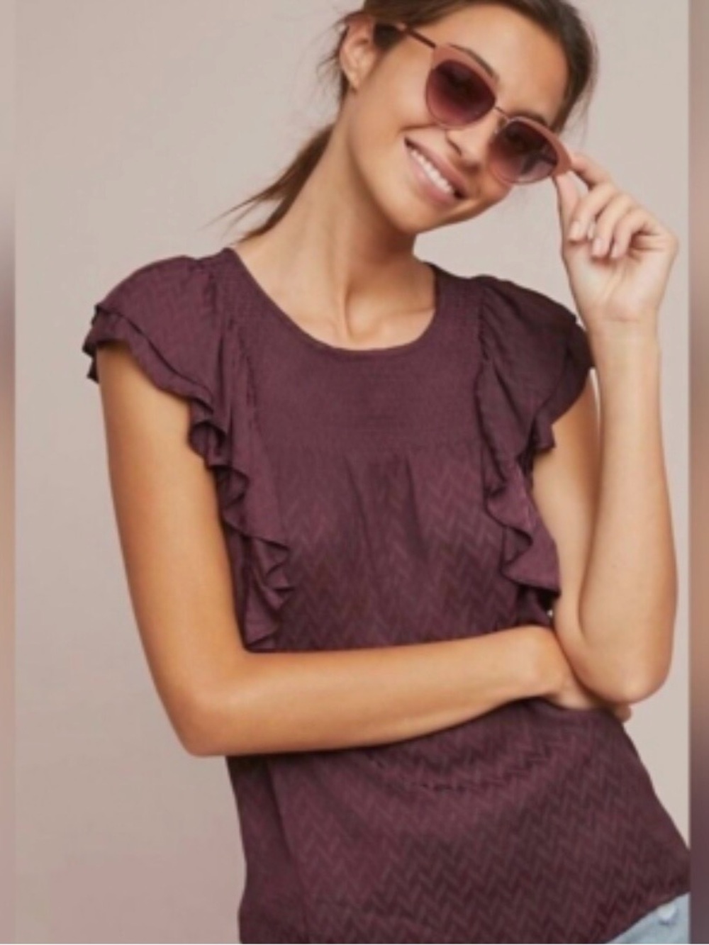 Meadow Rue by Anthropologie Plum Ruffle Sleeve Top